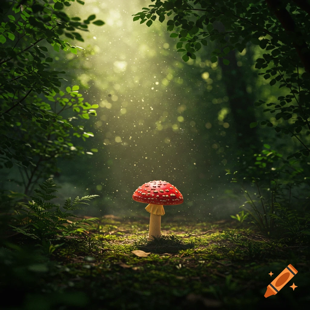 A vibrant red mushroom with white spots stands on a mossy forest floor, bathed in sunlit dust.