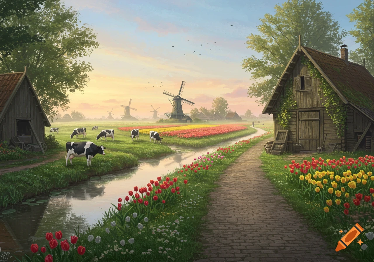 Vibrant Dutch landscape painting: windmills, grazing cows, colorful tulip fields, rustic farmhouses, a stream, and a path at sunrise.