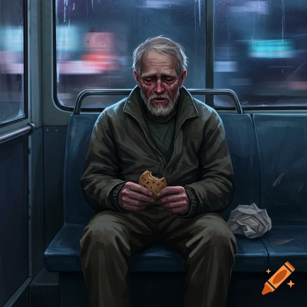 Digital painting of a crying, bearded man in a coat holding a cookie on a bus.
