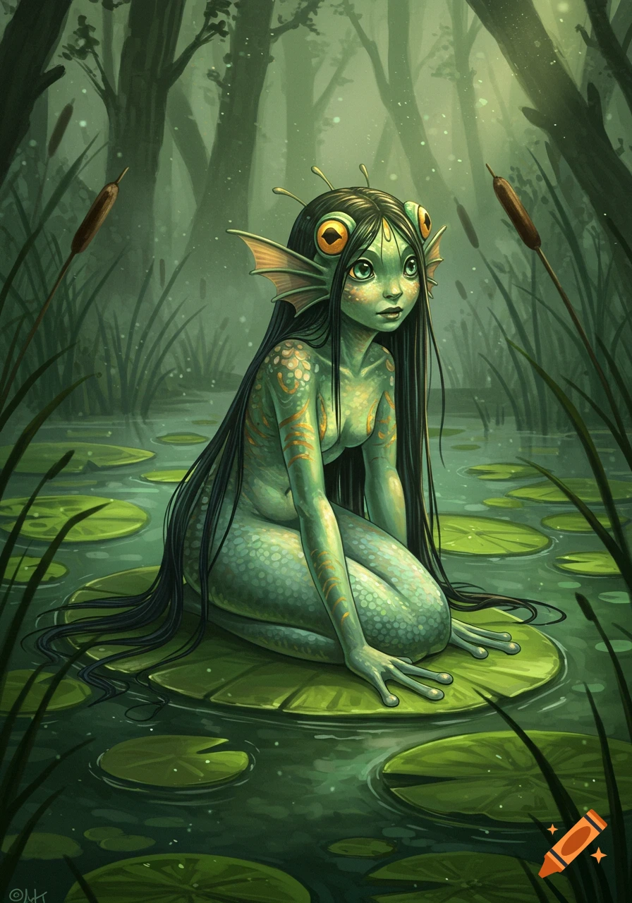 A green-skinned frog-like siren woman with large yellow eyes and long black hair crouches on a lily pad in a dark, misty marsh, illustration.