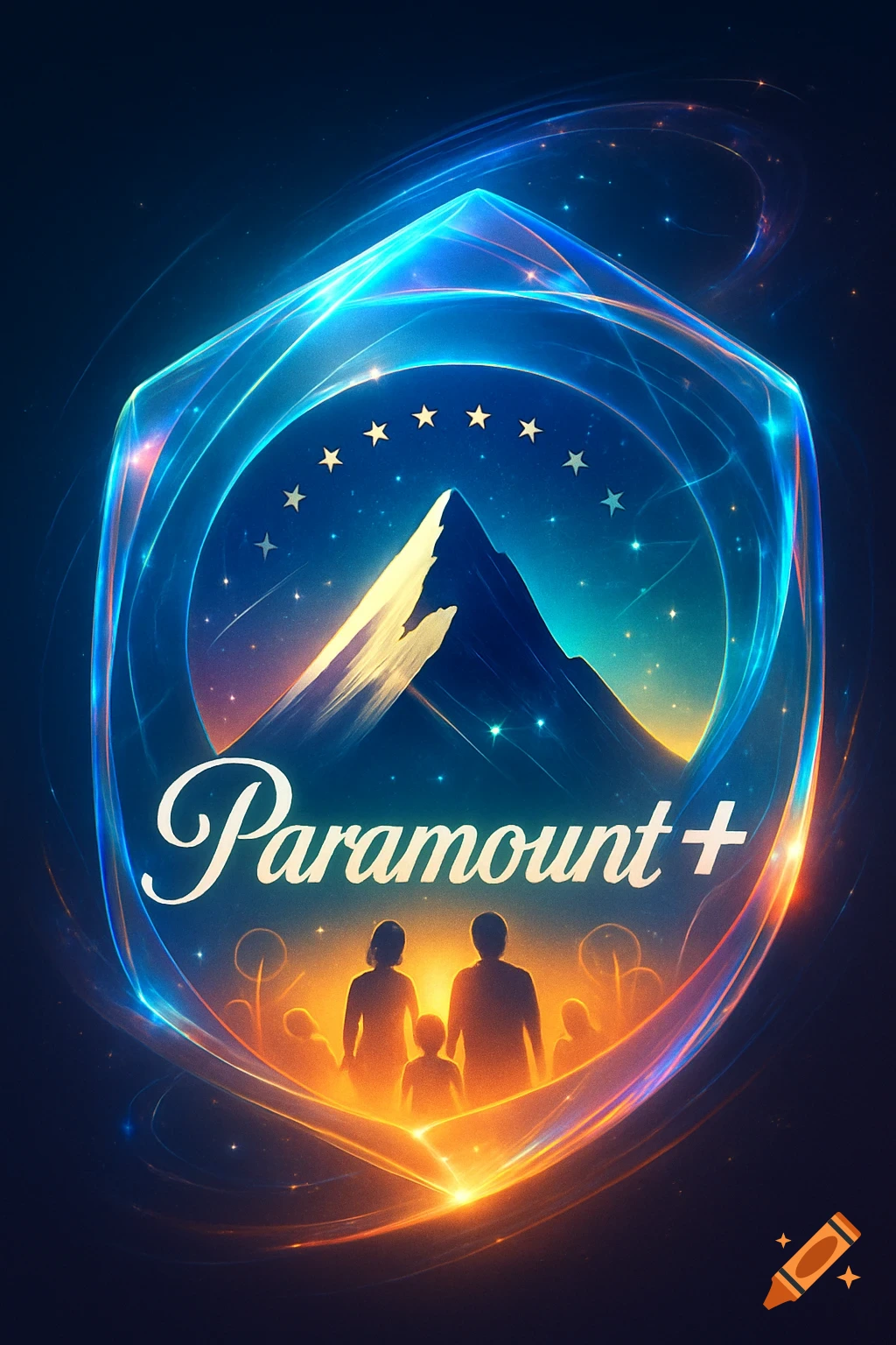 A stylized Paramount+ logo with a glowing mountain, stars, and silhouetted family figures within a luminous shield shape.