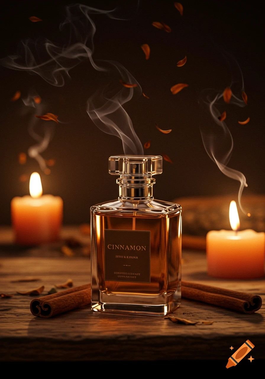 A brown perfume bottle labeled "Cinnamon" stands on a wooden surface between two lit candles, with cinnamon sticks and smoke rising. Photorealistic style.