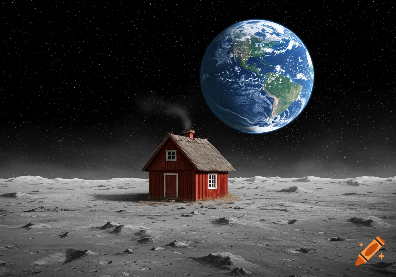 A small red house with a thatched roof on the moon's surface, with Earth visible in the starry sky.