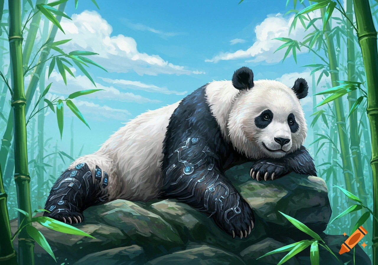 A happy panda with metallic patterns on its fur lies on a rock in a vibrant bamboo forest under a blue sky, in an illustrated style.