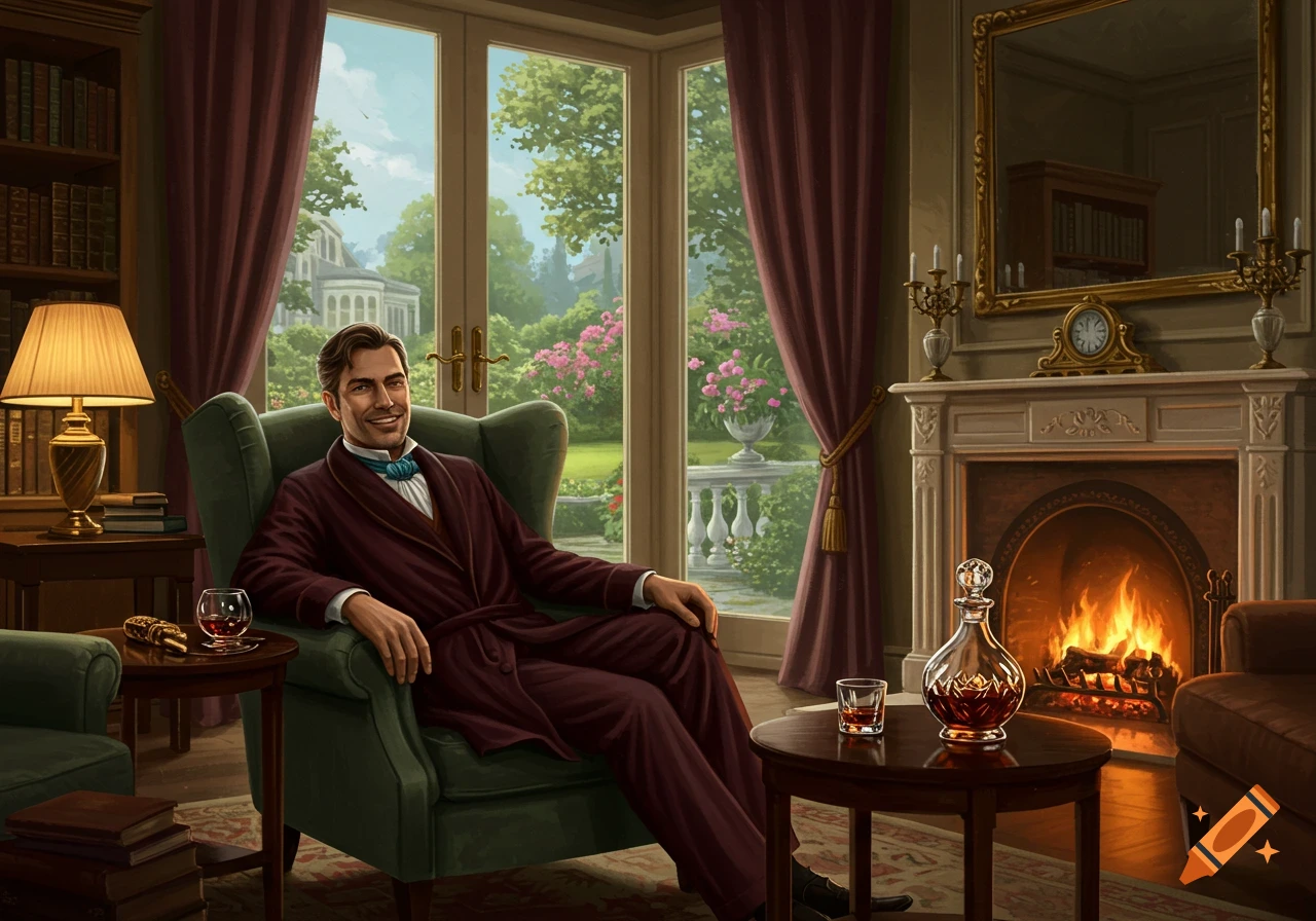 A man in a maroon robe relaxes in a grand study by a fireplace, with a view of a garden.