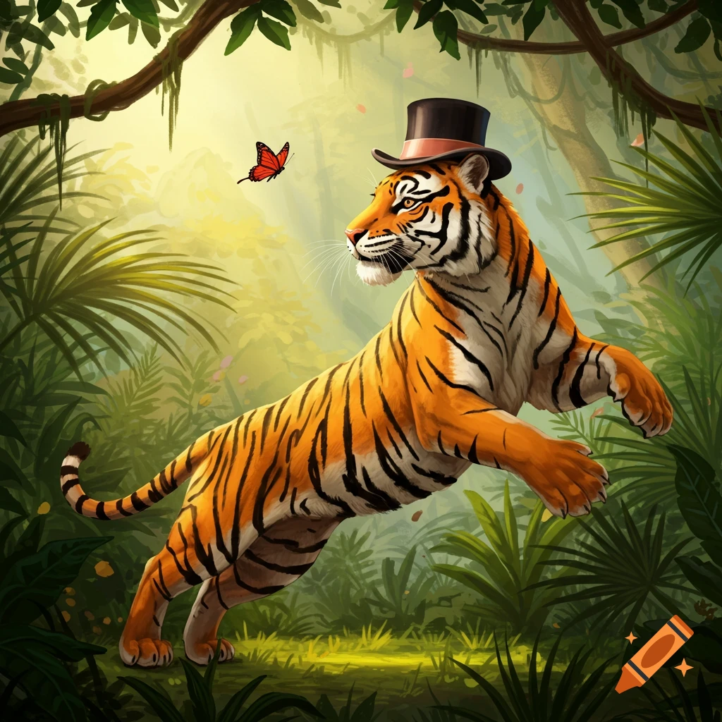 A majestic tiger with a black top hat leaps in a vibrant jungle, looking towards a red butterfly. Illustrated.