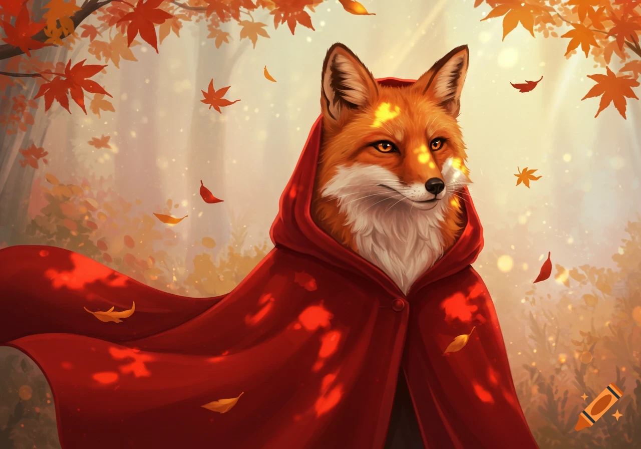 A red fox wearing a hooded red cloak stands in an autumn forest with falling orange leaves, in a drawing style.