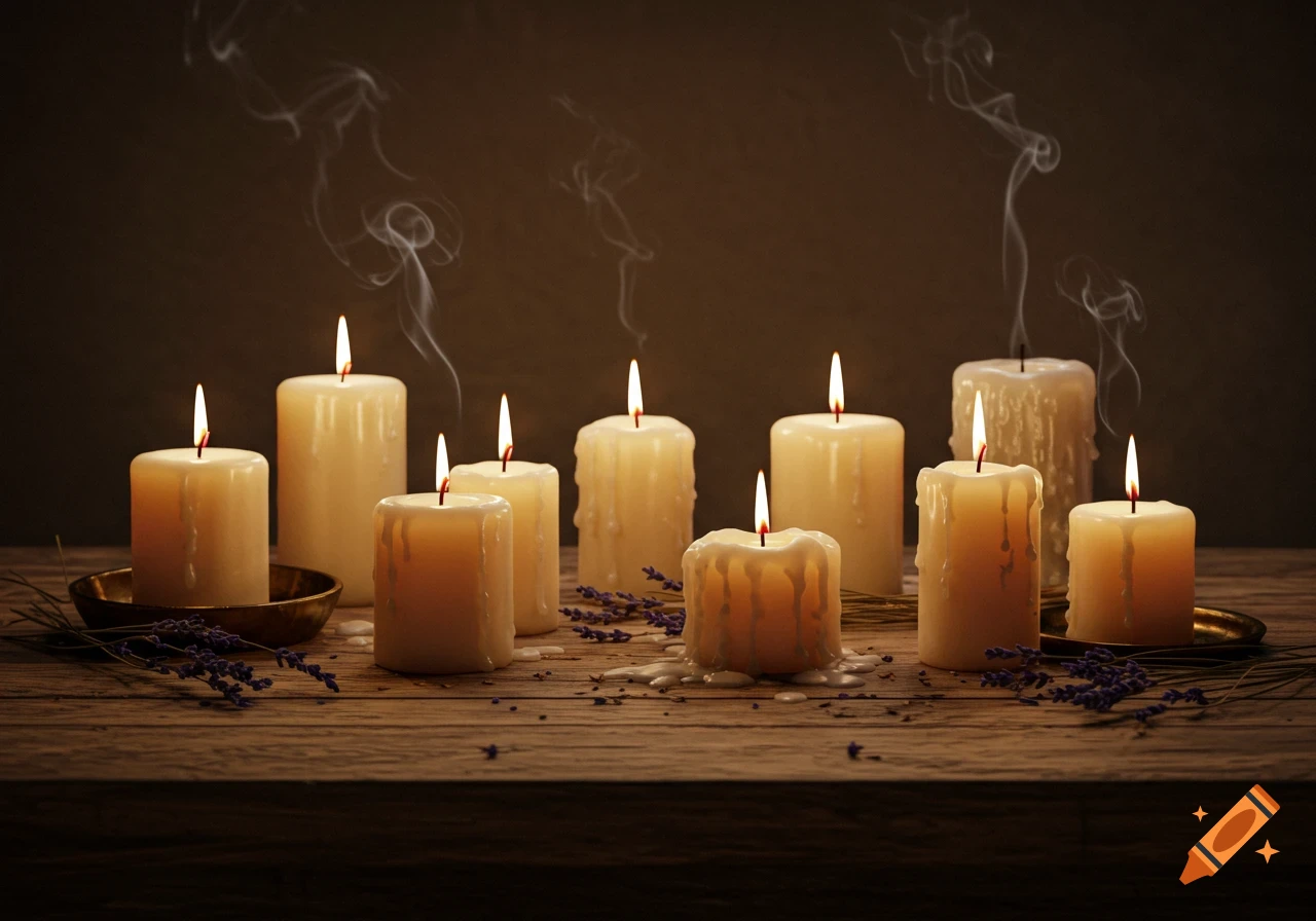 Multiple lit candles with smoke rising, arranged on a rustic wooden table with scattered lavender sprigs. Photorealistic.