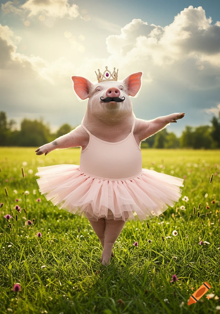 Photorealistic pig with a mustache and a princess crown, wearing a pink ballerina tutu and leotard, dancing gracefully in a sunlit grassy field.
