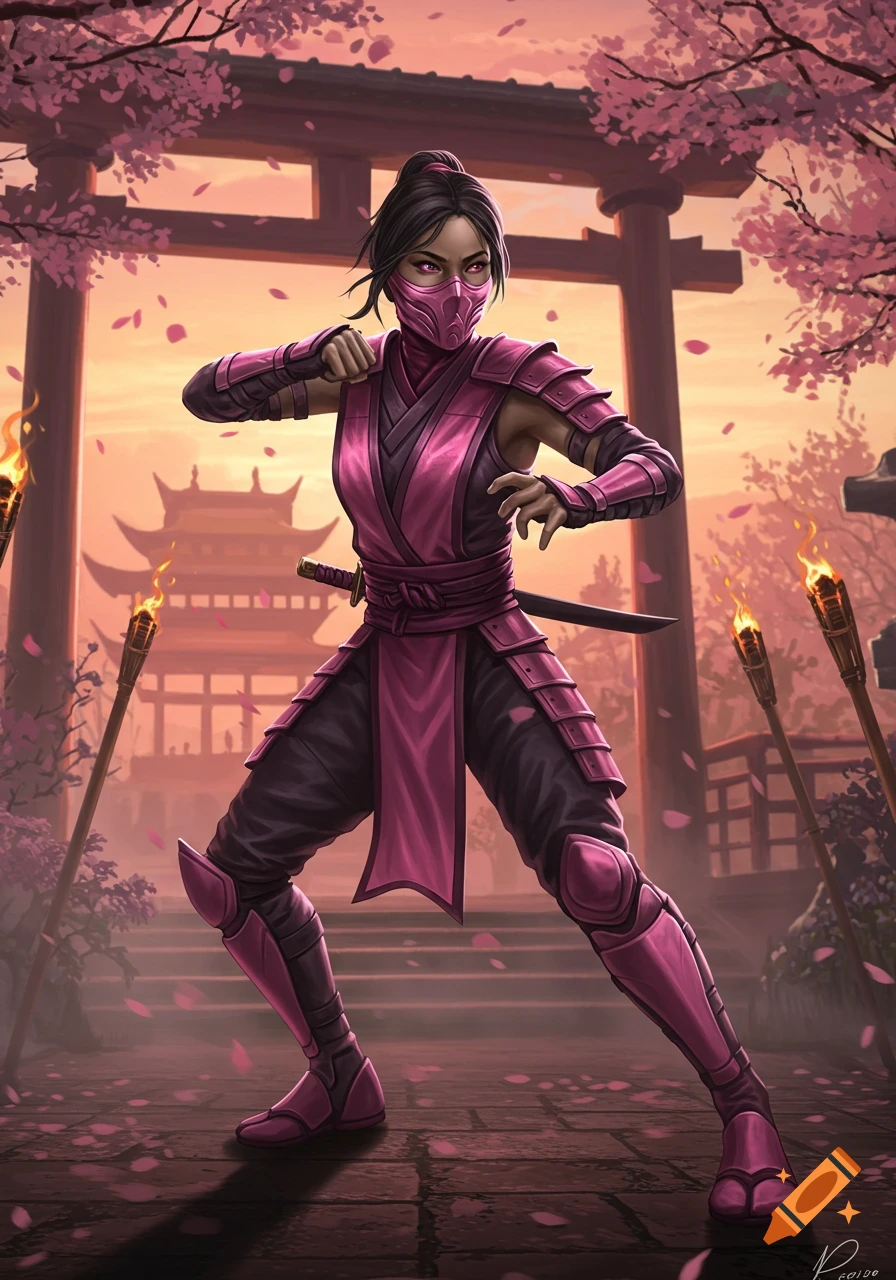 Pink-armored kunoichi in a fighting stance, with a sword, in a Japanese garden with cherry blossoms and architecture.