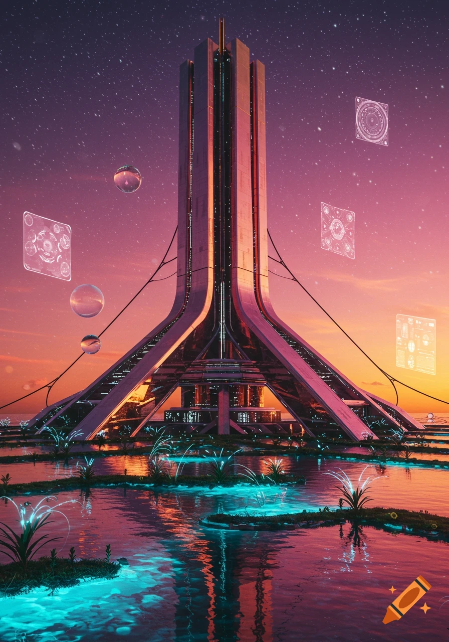 A futuristic tower stands in glowing water under a pink and orange sky, with holographic displays floating in the air.