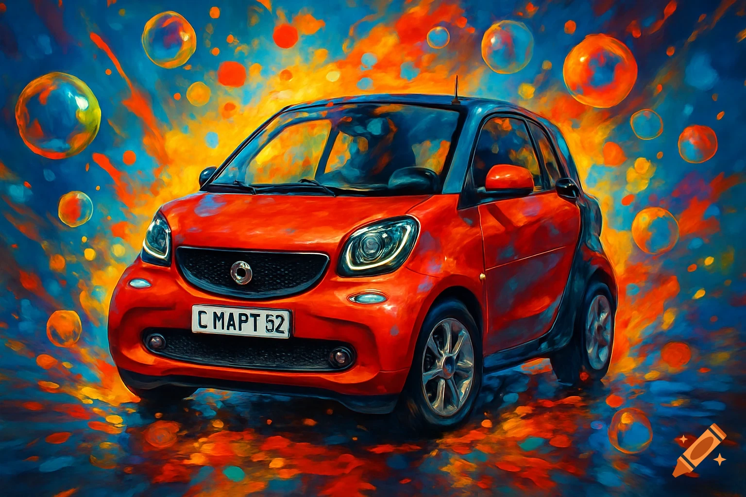 A vibrant, painterly image of a red Smart car against an abstract blue and orange background with colorful bubbles.