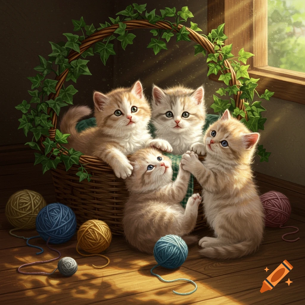 Four fluffy kittens, two in a wicker basket with ivy, two playing with colorful yarn balls on a sunlit wooden floor.