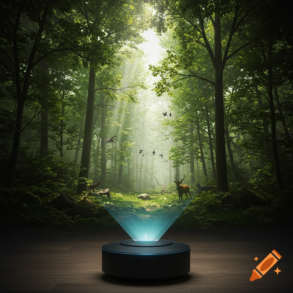 A futuristic device projects a realistic, sun-dappled forest with deer and birds onto a wooden floor.