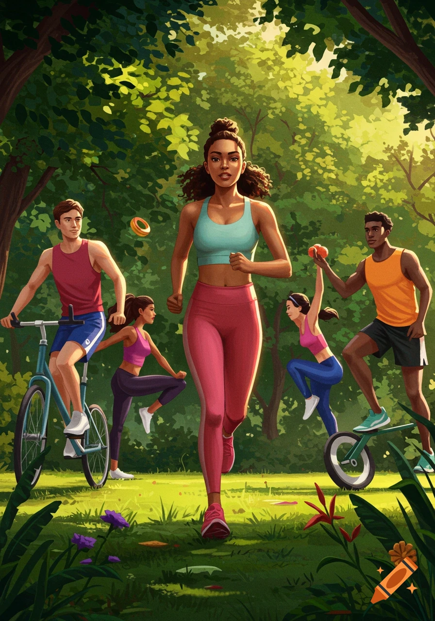 Vibrant illustration of a diverse group exercising in a sunny park: a woman runs, a man cycles, others stretch and lift weights.