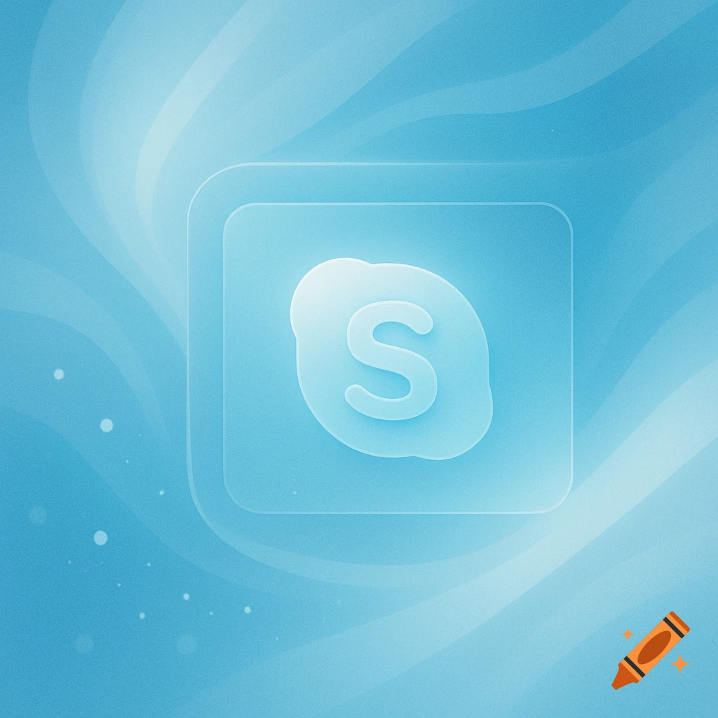A glassmorphism-style Skype logo featuring a white 'S' in a cloud on a blue abstract background.