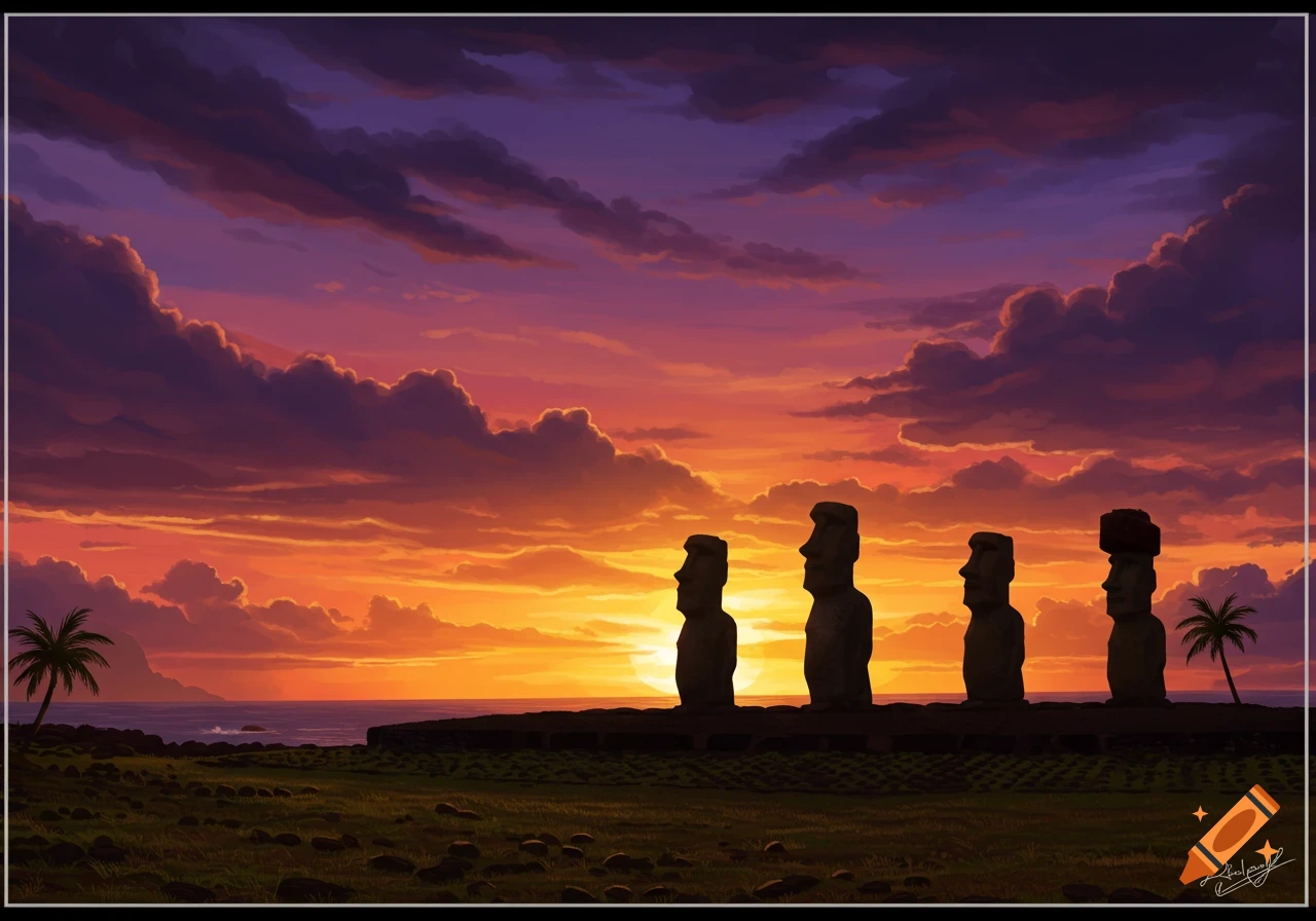 Stylized illustration of Moai statues silhouetted against a vibrant orange and purple sunset over a tropical coastline.