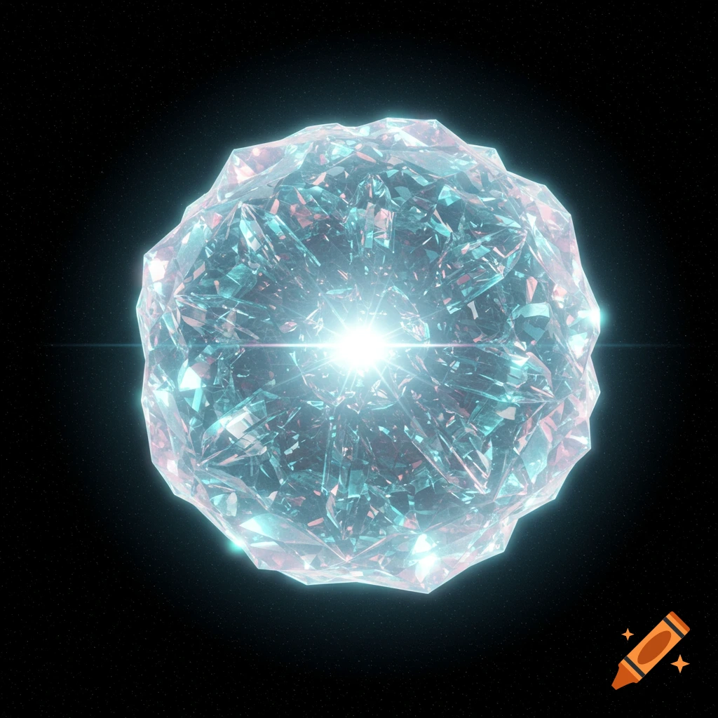 A glowing, multifaceted crystal sphere with blue and pink refractions, floating in a dark, star-filled space.