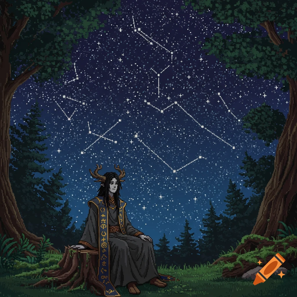 Pixel art of a horned druid in dark robes sitting on a tree stump in a forest under a starry night sky.