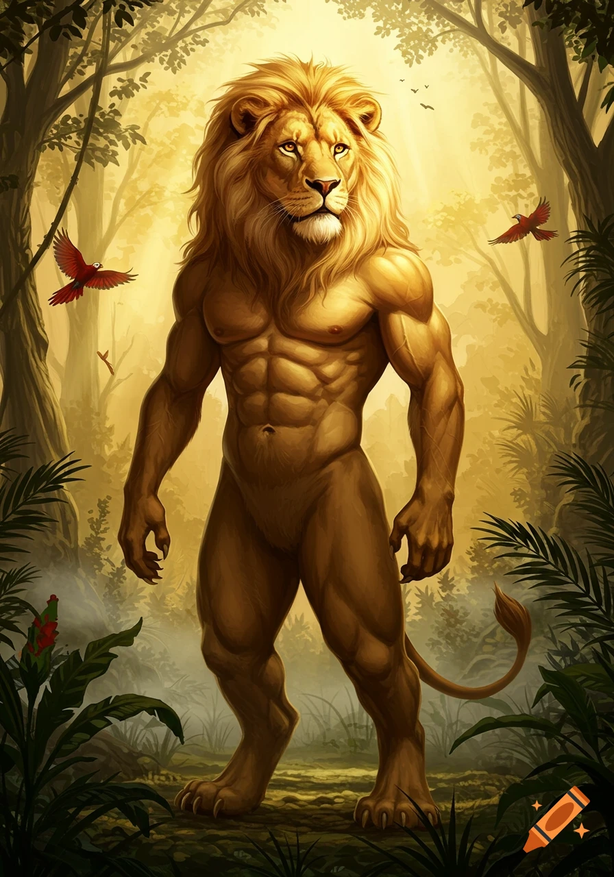 A muscular, anthropomorphic lion with a golden mane and human-like body stands in a sunlit jungle with tropical birds.