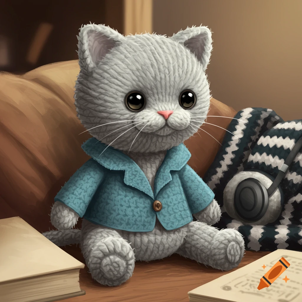 A cute grey crochet cat plush toy in a blue jacket sits on a table with books, a striped blanket, and headphones.