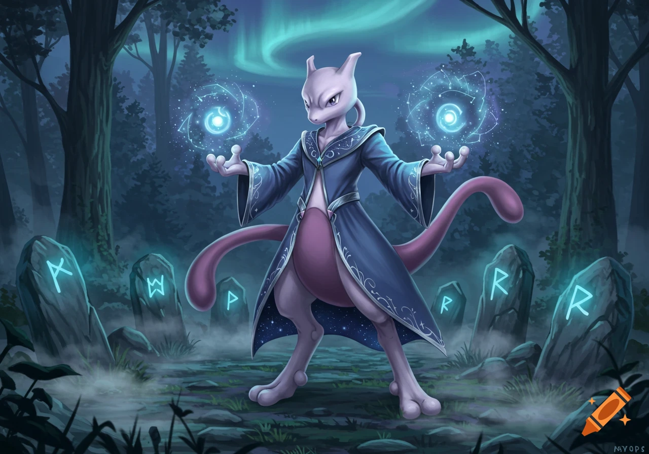Mewtwo in a blue wizard's robe casts glowing magic orbs in a mystical forest with runes and aurora borealis.