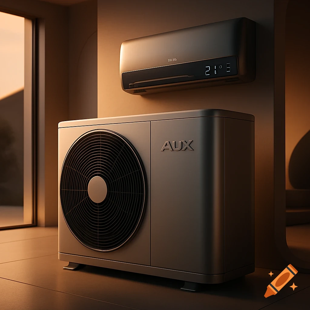 Photorealistic image of a two-unit gray air conditioner system in a modern interior with warm, dim lighting.