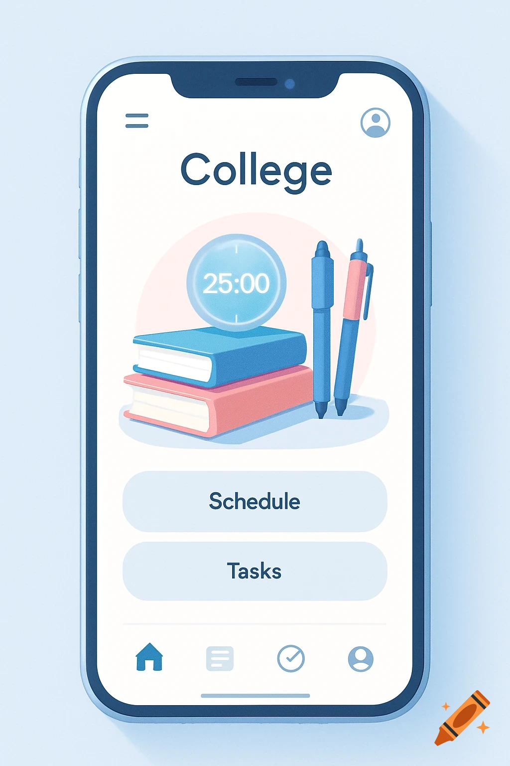 A smartphone displaying a clean, illustrative 'College' app interface with books, pens, a timer, and menu options.