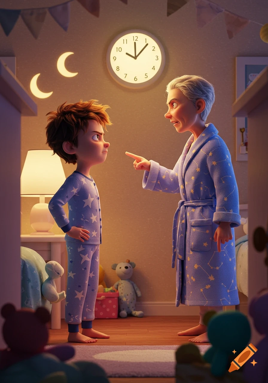 An animated boy in blue pajamas argues with an older woman in a blue bathrobe in a bedroom at night.