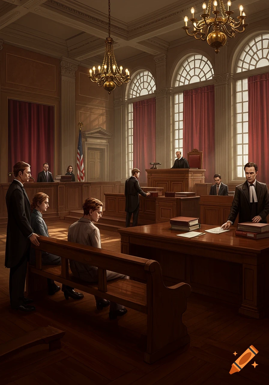 A grand courtroom scene with a judge, lawyers, and defendants present, featuring high ceilings, ornate chandeliers, and large arched windows.