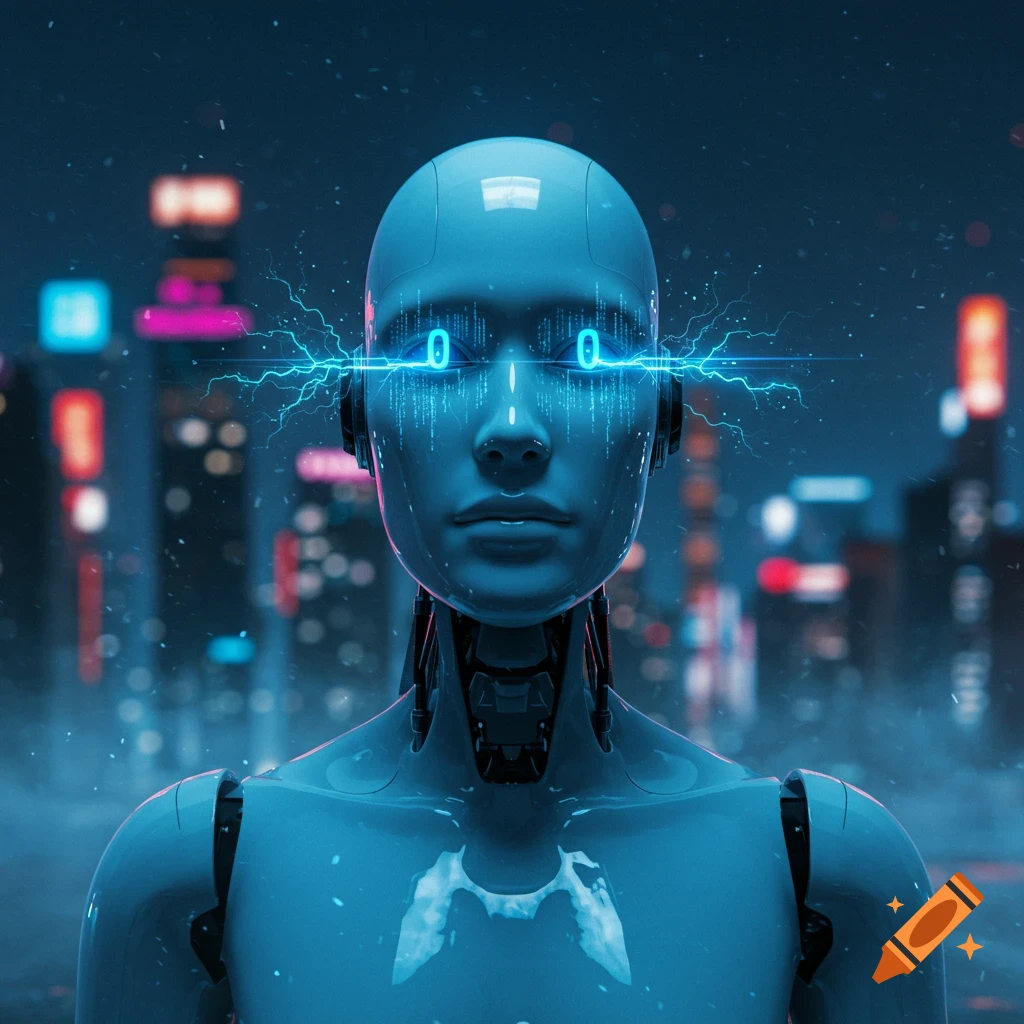 Close-up of a futuristic robot with glowing blue zeros for eyes, in a blurry neon cyberpunk city background.