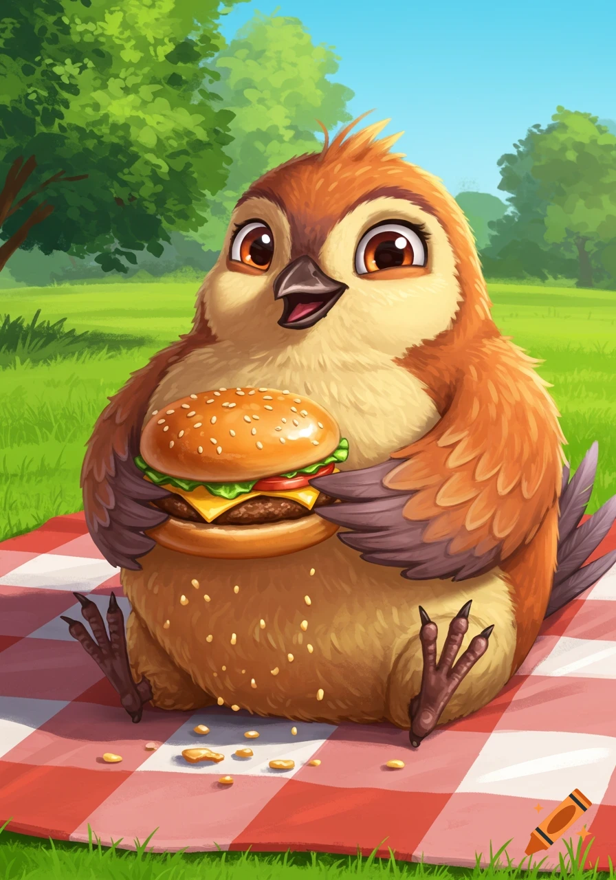 A cute, fluffy brown and beige cartoon bird sits on a red and white checkered blanket, holding a hamburger with both hands in a green park.