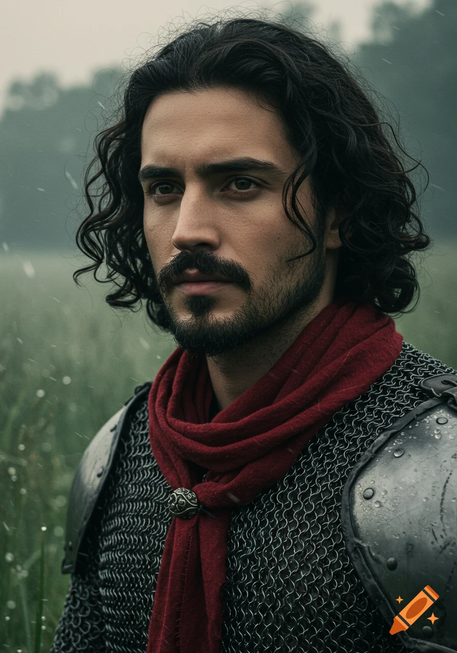 Photorealistic portrait of a man with dark curly hair and a beard, wearing chain mail armor and a red scarf, standing in a misty, rainy field.
