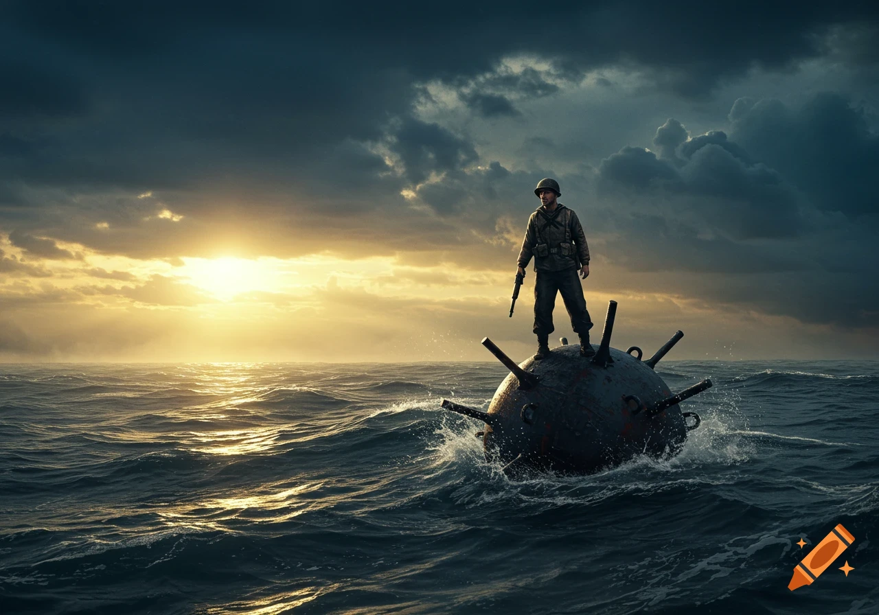 Photorealistic image of a soldier standing on a large sea mine in a stormy ocean at sunset, with dramatic lighting.