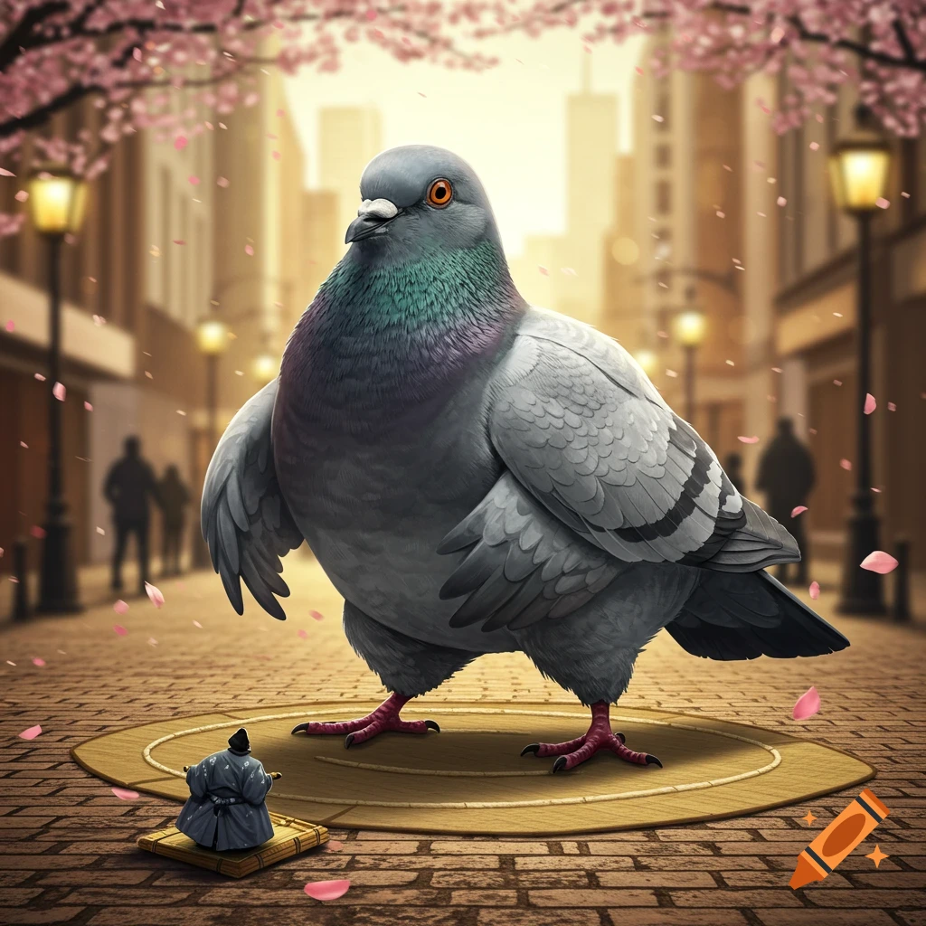 A giant pigeon stands on a sumo wrestling mat on a cherry blossom-lined city street, with a tiny figurine looking up at it.