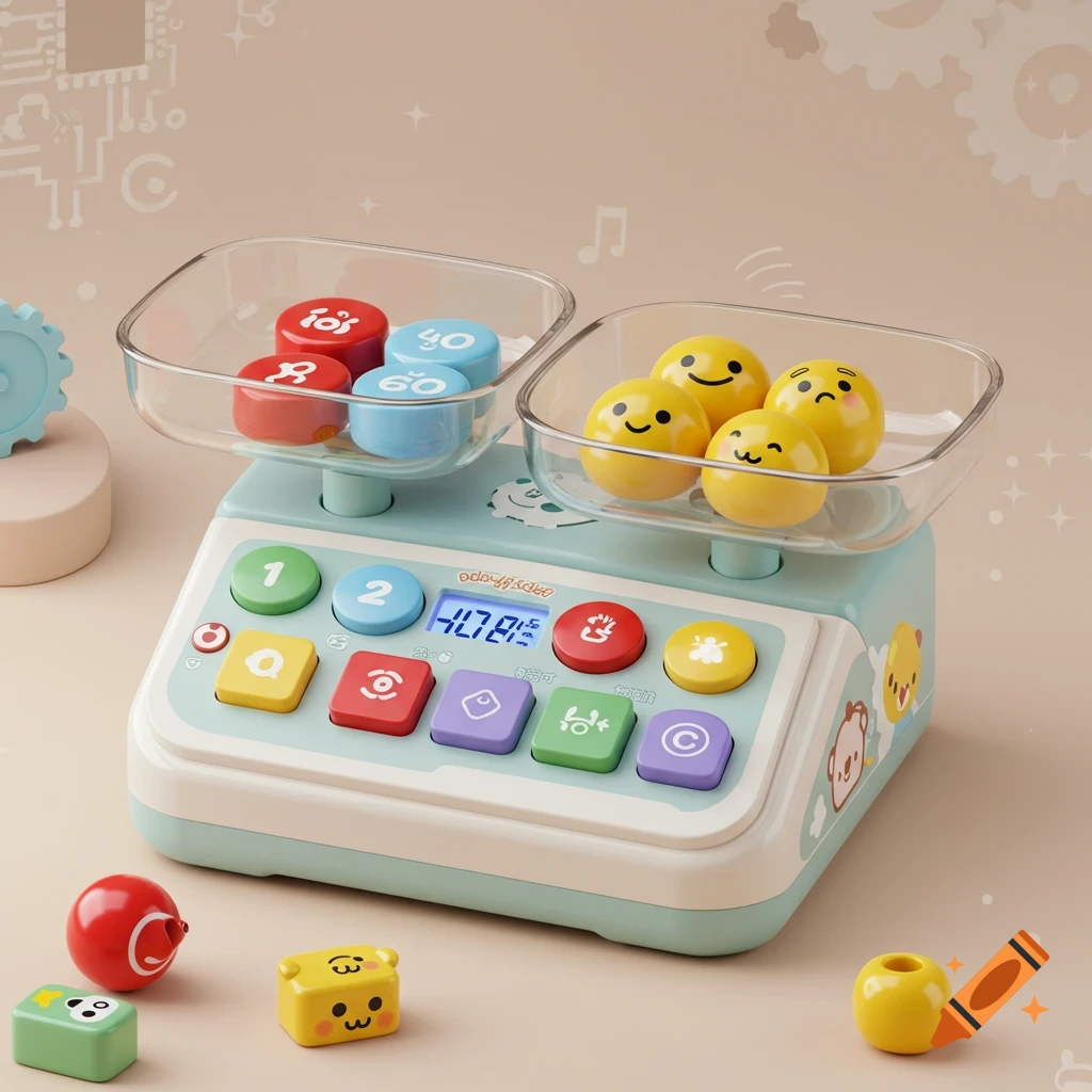 A light blue and white children's electronic toy scale with colorful buttons, a digital display, and plastic weights.