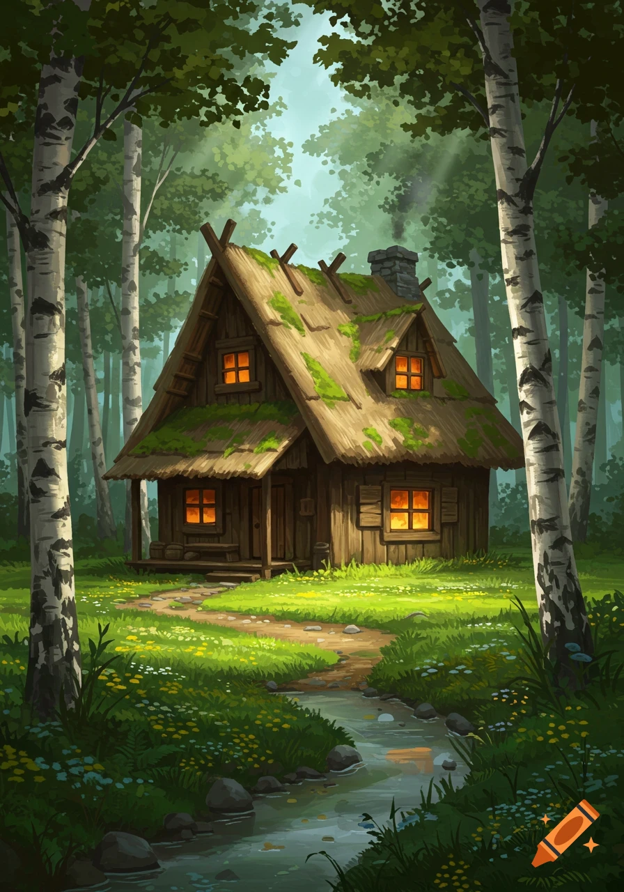 A cozy, mossy wooden cabin with lit windows in a sunlit birch forest, with a flowing stream and wildflowers, in a stylized illustration.