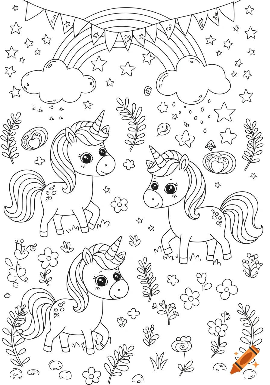 Black and white coloring page featuring three cute cartoon unicorns amidst stars, clouds, a rainbow, and flowers.