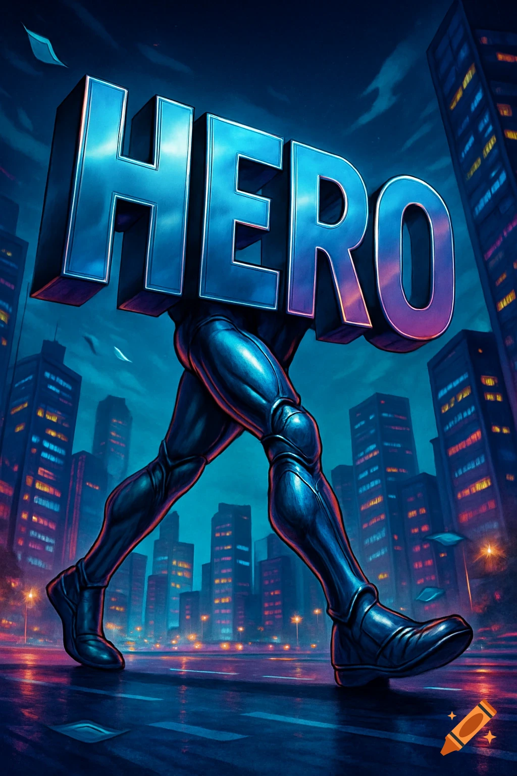 Large metallic 3D word 'HERO' with muscular legs walks through a vibrant, stylized city at night.