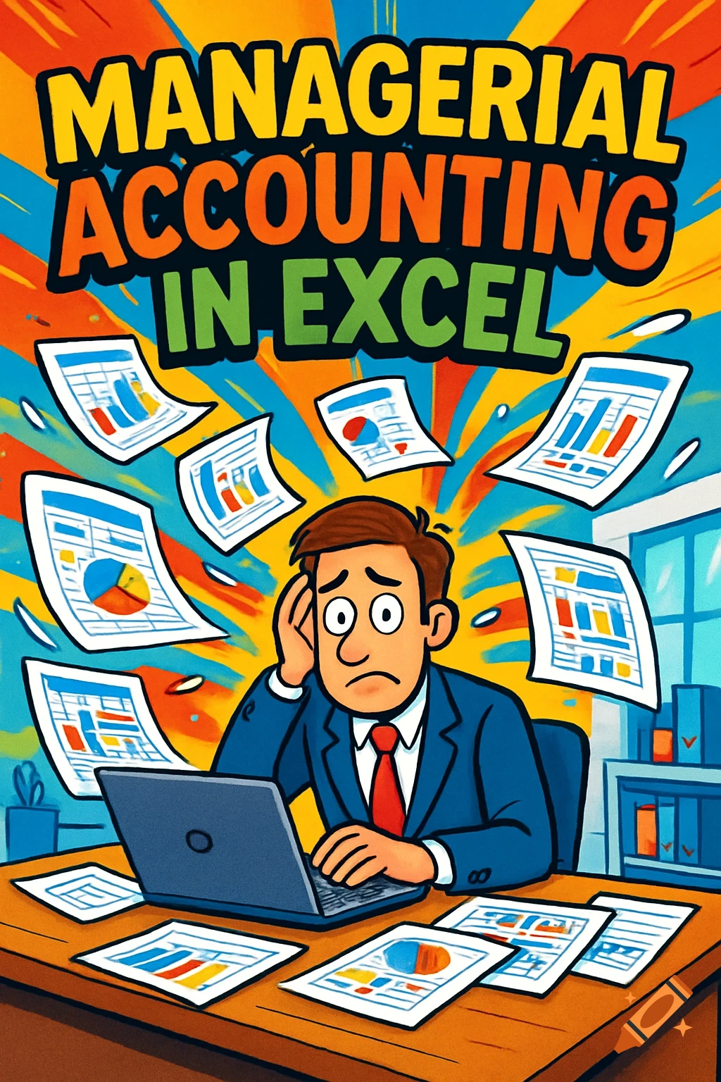 Cartoon man overwhelmed by flying Excel files, working on a laptop, with text 'Managerial Accounting in Excel'.