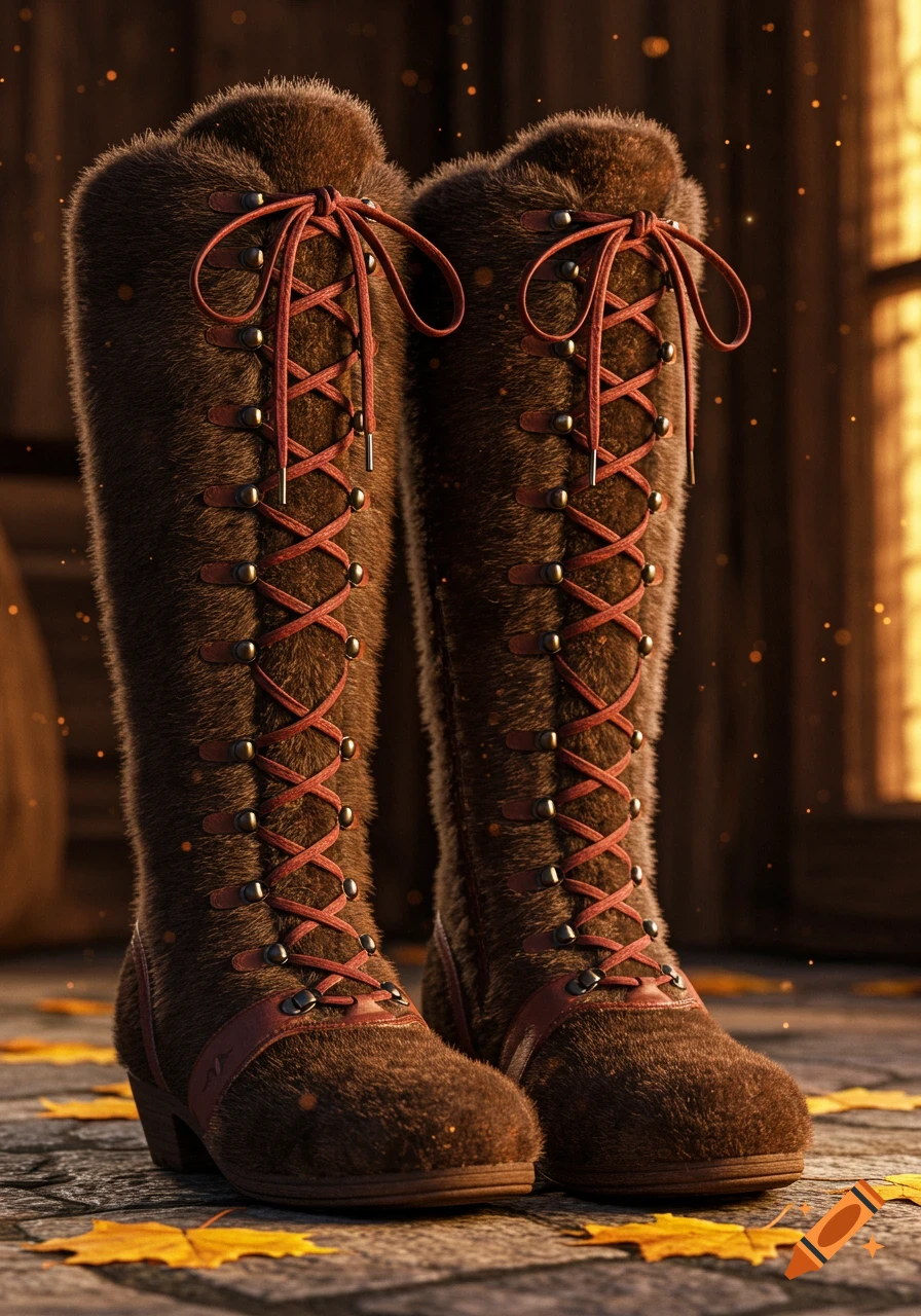 A pair of detailed, brown fur, knee-high boots with red laces stands on a stone path with fallen autumn leaves.