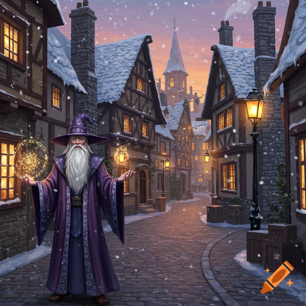 A wizard in a purple robe casts a spell with a glowing orb in a snowy medieval village at sunset.