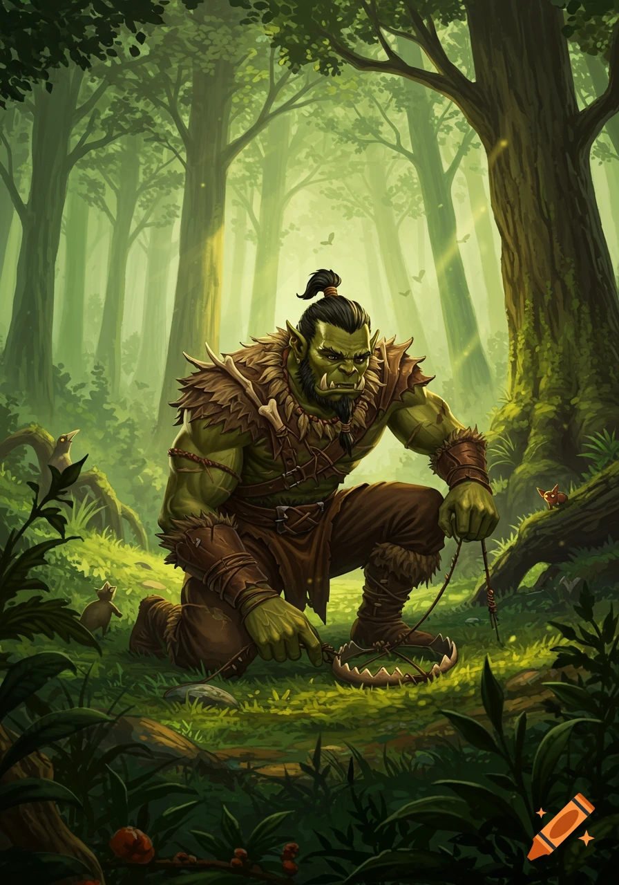 A cartoon orc trapper kneels in a sunlit forest, setting a trap, with small animals observing.