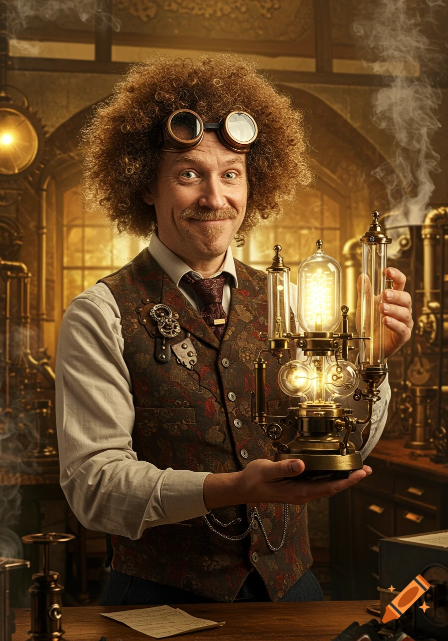 A smiling, curly-haired man in steampunk attire and goggles holds a glowing steampunk invention in a workshop.