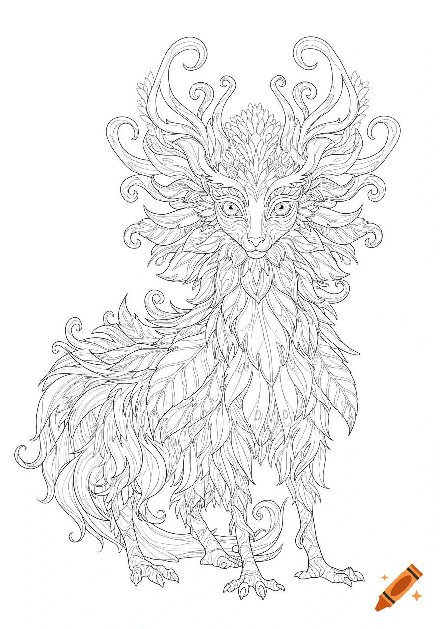 Detailed black and white line art of a fantastical creature with plant-like features, suitable for a coloring page.