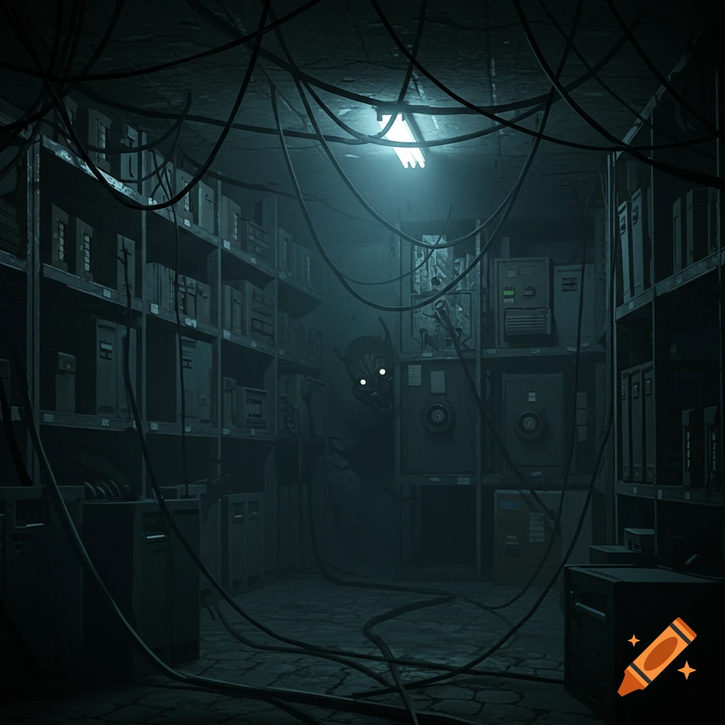 A dark, eerie illustration of a storage room filled with cables and machinery, with a glowing-eyed monster peering from the shadows.
