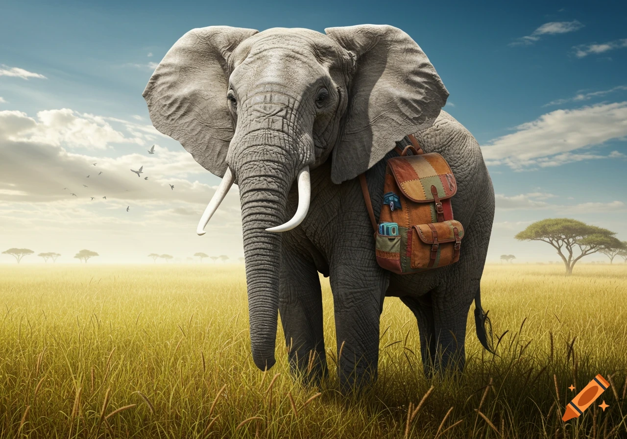 A photorealistic elephant wearing a patchwork backpack stands in a golden savanna under a blue sky with scattered clouds.