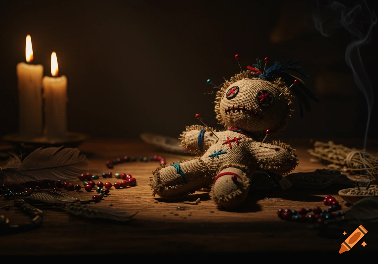 A voodoo doll with pins, lit candles, beads, and feathers on a dark wooden table with smoke, in a dimly lit, atmospheric setting.