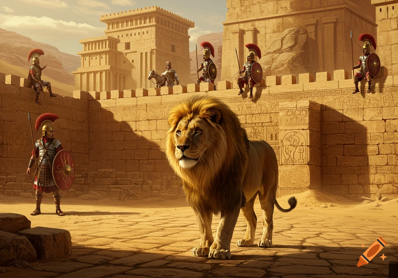 A majestic lion walks in an ancient desert city with Roman-themed soldiers on the high stone walls and buildings.