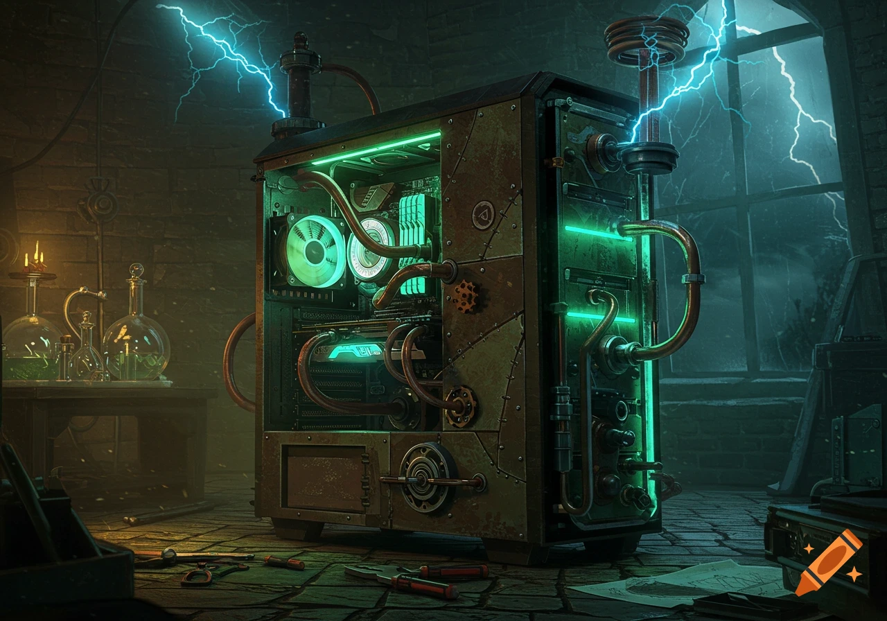 A rustic steampunk PC tower with glowing green lights and Tesla coils sparking, sitting in a dimly lit laboratory with beakers.